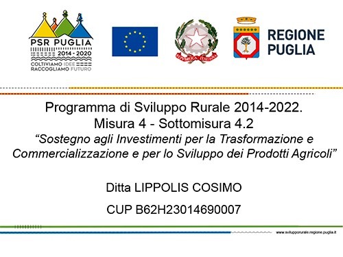 Targa informativa del Programma di Sviluppo Rurale 2014–2022, Misura 4 – Sottomisura 4.2, Ditta Lippolis Cosimo